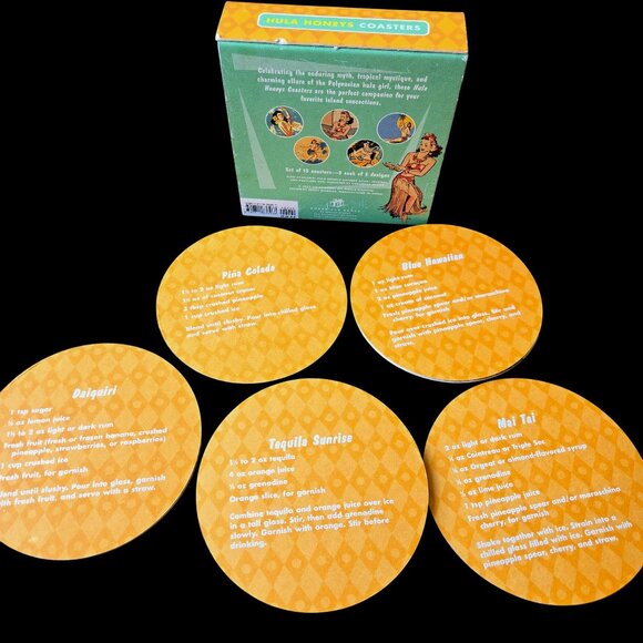 Vintage Hula Honeys Cardboard Coasters 2003 Set of 9 With Drink Recipes On Back - Picture 3 of 5